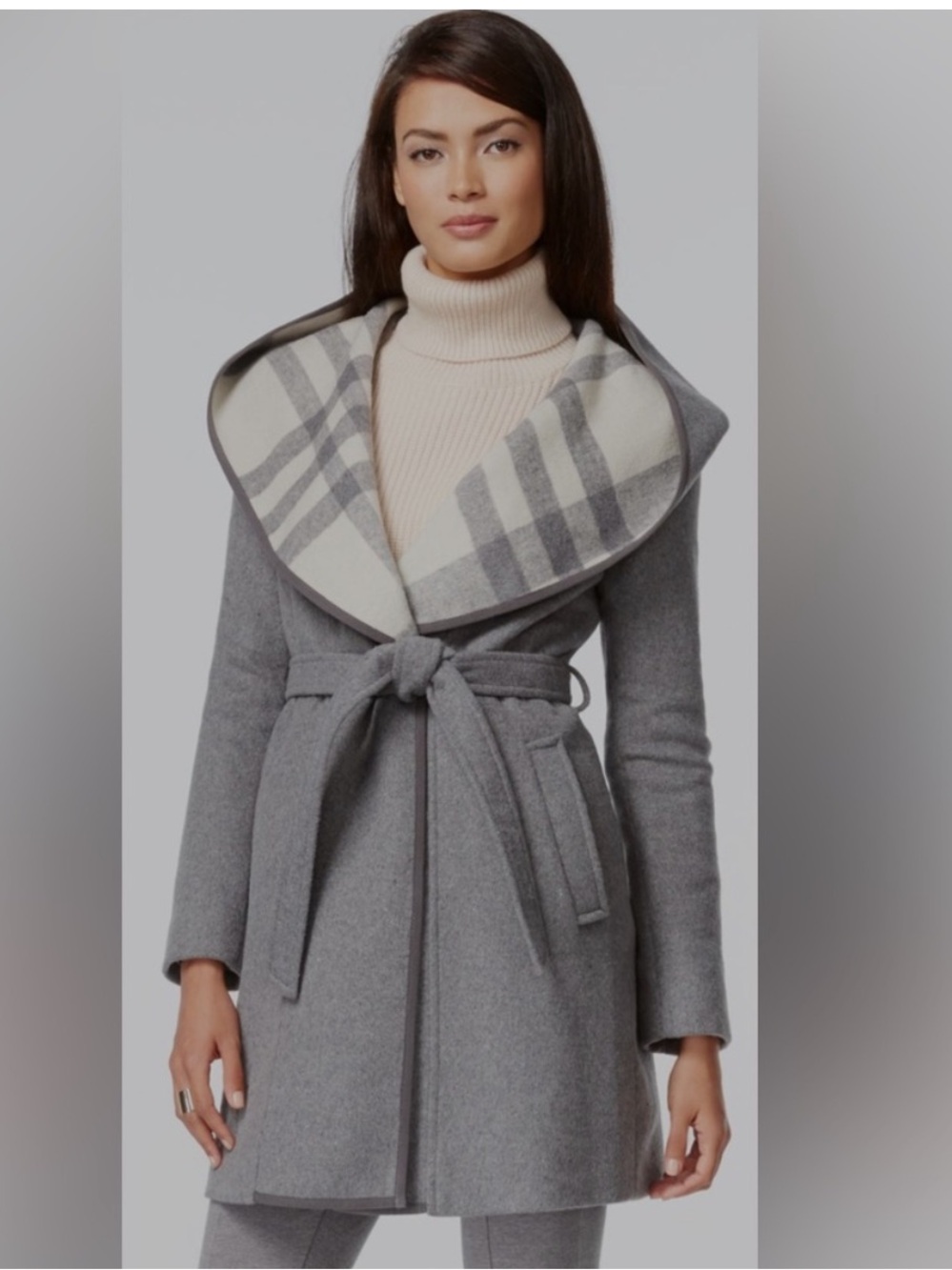 DKNY Gray Wrap Coat with Cream Plaid Shawl Collar
